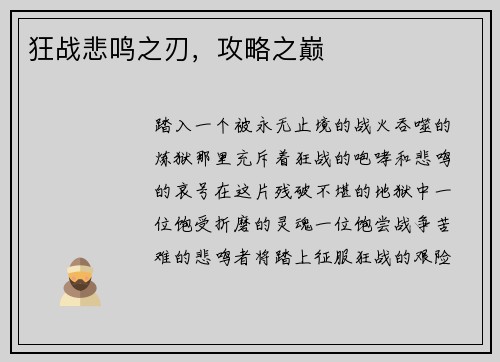 狂战悲鸣之刃，攻略之巅