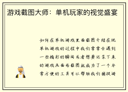 游戏截图大师：单机玩家的视觉盛宴